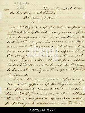 Lettera firmata H.R. Il gioco d'azzardo, St. Louis, per l'on. Edwin M. Stanton, Segretario della guerra, 26 agosto 1862 Foto Stock