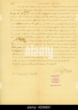 Lettera firmata Thomas Jefferson, Monticello, Col. Larkin Smith, 24 Settembre 1807 Foto Stock