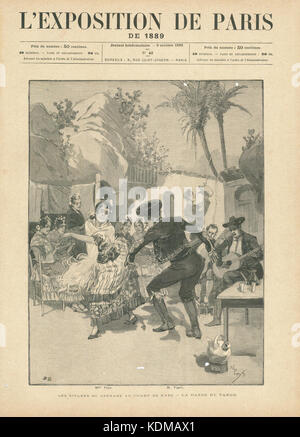 L'Exposition de Paris de 1889, nota anche come Paris Exposition Universelle del 1889, è stata una fiera mondiale tenutasi a Parigi, in Francia. Questa pagina presenta un'illustrazione dell'esposizione, che mostra i progressi culturali e tecnologici mostrati durante questo significativo evento della storia francese. Foto Stock