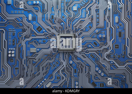 La scheda madre del computer con la CPU scheda di circuito del sistema con il chip core. La tecnologia del computer sullo sfondo. 3d illustrazione Foto Stock