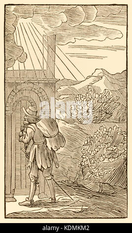 Egli che entrerà in prima necessario senza supporto a bussare alla porta…" da 'Pellegrino la progressi da questo mondo per ciò che è a venire" di John Bunyan (1628-1688). Il pellegrino raggiunge l'ingresso del re in autostrada. Vedere ulteriori informazioni qui di seguito. Foto Stock