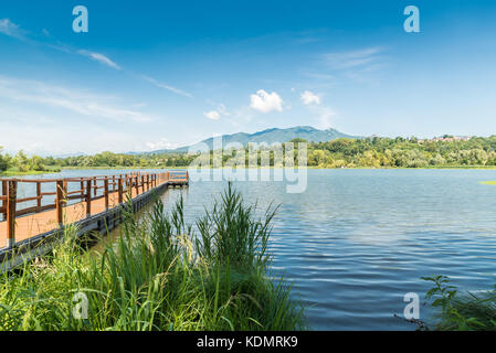 Paesaggio estivo sul lago, nord Italia. Il molo di legno sul lago di Varese, sullo sfondo il Campo dei Fiori e delle Alpi, provincia di Varese Foto Stock