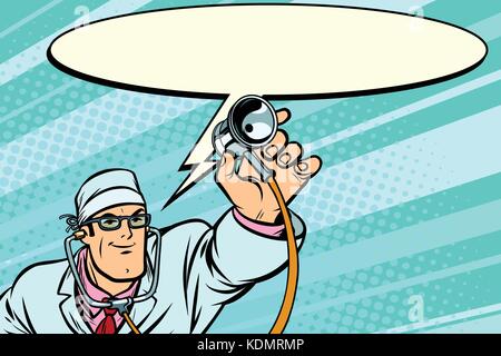 Medico medico con stetoscopio comico dice cloud. fumetto cartoon arte pop retrò illustrazione vettoriale disegno Illustrazione Vettoriale