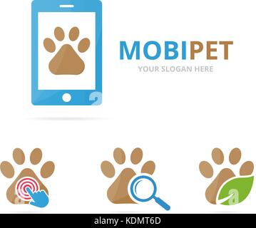 Set di zampa la combinazione di logo. pet e mobile di simbolo o icona. unica vet e Device logo design modello. Illustrazione Vettoriale