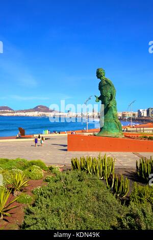 Statua sulla Playa de las canteras Beach, Santa Catalina distretto, Las Palmas de Gran Canaria Gran Canaria Isole Canarie Spagna, Oceano Atlantico, Europ Foto Stock