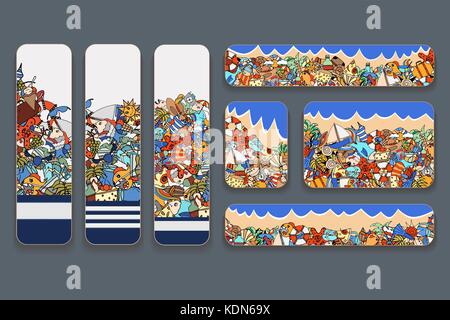 Vettore di modelli di banner impostato con scarabocchi Tema estivo Illustrazione Vettoriale