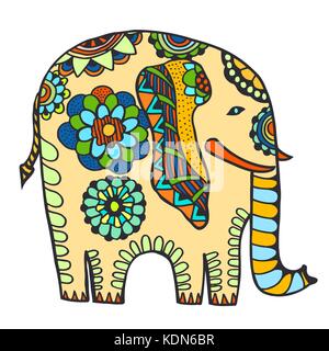 Vector disegnati a mano color tattoo doodle con decorate elefante indiano Illustrazione Vettoriale