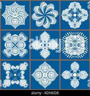 Splendida perfetta modello patchwork dal blu piastrelle marocchine, ornamenti. può essere utilizzata per la carta da parati, riempimenti, sfondo della pagina web,texture di superficie Illustrazione Vettoriale