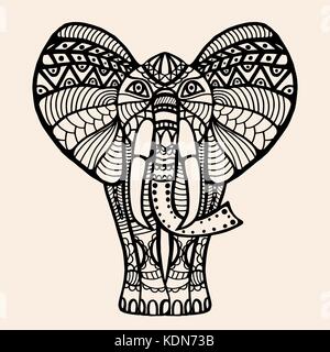 Vector disegnati a mano mehndi henna tattoo doodle con decorate elefante indiano Illustrazione Vettoriale