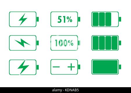 Verde indicatore di batteria icone, illustrazione vettoriale Illustrazione Vettoriale