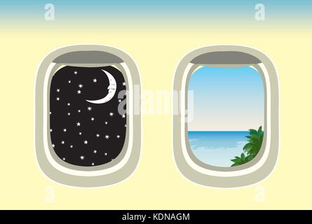 Il vettore aereo windows attraverso il quale l'oceano visibile e di notte Illustrazione Vettoriale