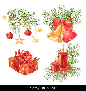 Set di Natale vintage illustrazioni. christmas candle, albero e decorazioni. disegno ad acquerello isolati su sfondo bianco. Foto Stock