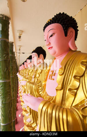 Una fila di statue di Buddha con la svastica segno Foto Stock