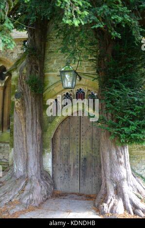 Porta nord fiancheggiata da alberi di tasso, st Edward's chiesa parrocchiale, Stow-su-il-wold, in Cotswolds, Regno Unito Foto Stock