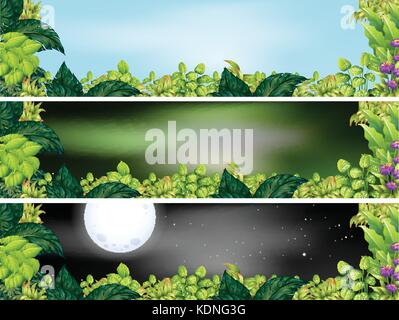 Tre scene di giardino in diversi momenti della giornata illustrazione Illustrazione Vettoriale