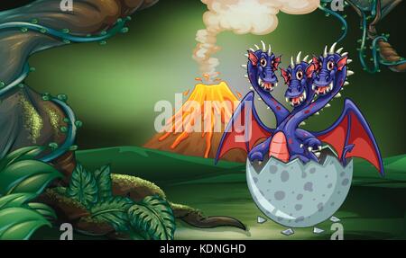 Tre teste drago di uova da cova in foresta illustrazione Illustrazione Vettoriale
