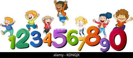 Felici i bambini e i numeri da uno a zero illustrazione Illustrazione Vettoriale