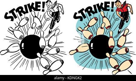 Un uomo bocce un colpo perfetto in un impianto da bowling Illustrazione Vettoriale