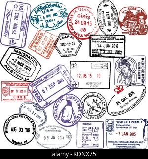 Viaggio visto e passaporto francobolli sfondo Illustrazione Vettoriale