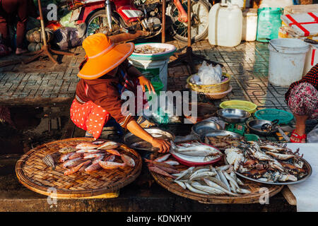 Nha Trang, vietnam - Luglio 14, 2016: donna vietnamita vende pesce del mercato mattutino di Nha Trang, vietnam sulla luglio 14, 2016. Foto Stock