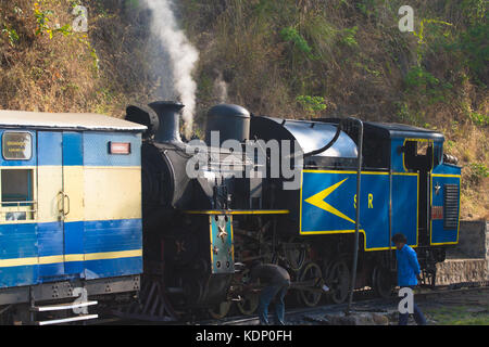 Ooty, Tamil Nadu, India, 20 marzo 2015 : nilgiri ferrovia di montagna. Treno Blu. patrimonio UNESCO. a scartamento ridotto Foto Stock