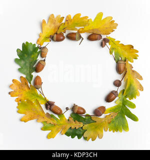 Composizione di autunno. cornice fatta di foglie di autunno e pigne su sfondo bianco. flat laico, vista dall'alto, spazio di copia Foto Stock