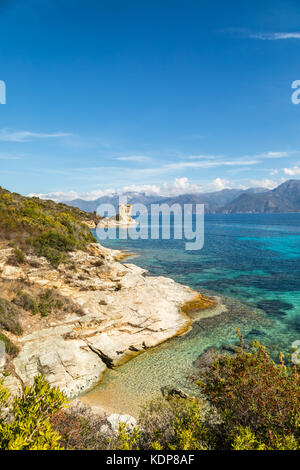 Resti della torre genovese alla mortella con un acque turchesi del mar mediterraneo e la costa rocciosa del deserto des Agriates vicino a St Florent in corsica wi Foto Stock