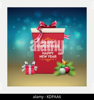 Regalo di natale Scatola greeting card design. Buon Natale e felice anno nuovo testo sulla scatola. layered illustrazione vettoriale. Illustrazione Vettoriale