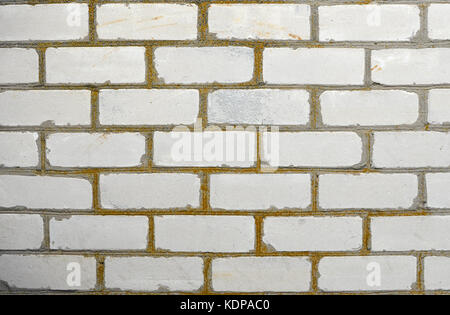 La tessitura di un vecchio bianco muro di mattoni di edificio con cuciture coperte da lichene giallo a giornata di sole Foto Stock