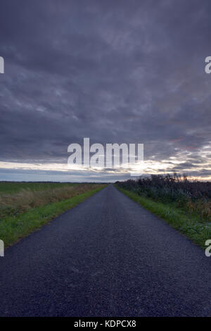 Una strada o corsia in Lincolnshire su le paludi in fenland rastremantesi in allontanamento nella distanza sotto un nuvoloso minaccioso cielo grigio. Foto Stock