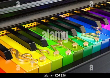 Pianoforte tastiera colorata con note musicali, musica concetto. Il rendering 3D Foto Stock