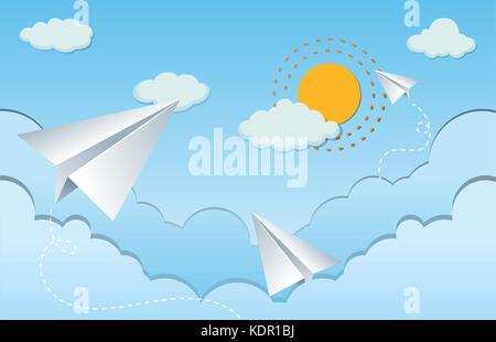 Gli aeroplani di carta nel cielo illustrazione Illustrazione Vettoriale