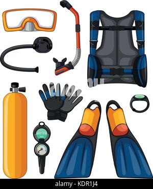Diverse attrezzature per immersioni subacquee illustrazione Illustrazione Vettoriale