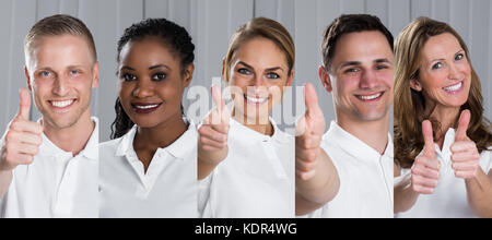 Collage di sorridere multi-etnico giovani mostra pollice in alto Foto Stock