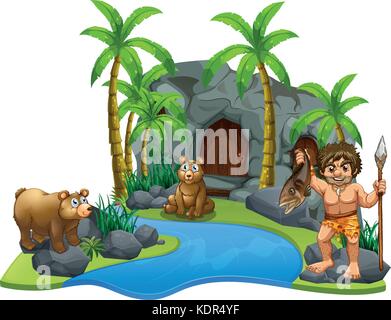 Caveman e due orsacchiotti dal fiume illustrazione Illustrazione Vettoriale