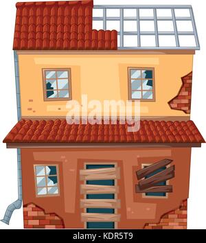 Casa di mattoni con il tetto rotto e illustrazione di windows Illustrazione Vettoriale