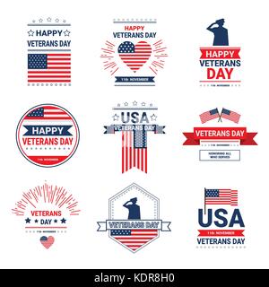 Veterani day celebrazione nazionale vacanza americana set di icone, raccolta di biglietto di auguri con bandiera degli Stati Uniti Illustrazione Vettoriale