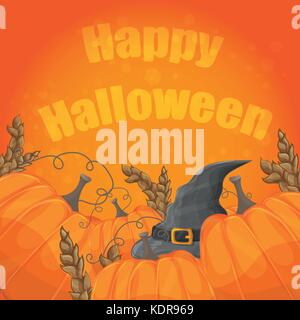 Moderno scheda di Halloween con il vecchio cappello e zucche su sfondo arancione Illustrazione Vettoriale