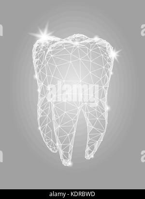 Modello 3d dente struttura poligonale logo. stomatologia simbolo bassa poli triangolo orale astratta di cure mediche concetto aziendale. punto collegata spar di particelle Illustrazione Vettoriale