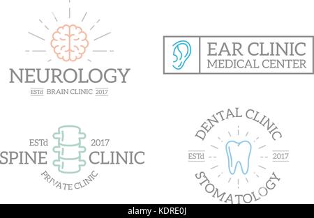 Set di retro vintage organ, dentale, cervello, logo backbone o insegne, emblemi, etichette e distintivi e altri oggetti di branding. vettore stile linea Illustrazione Vettoriale