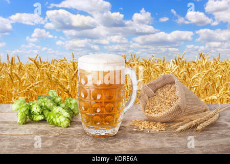 Boccale di birra contro campo Foto Stock