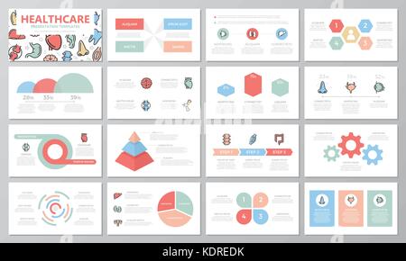 Set di medicina e salute elementi per multiuso modello di presentazione diapositive con grafici e tabelle. foglietto, relazione corporate marketing, pubblicità, relazione annuale, per la copertina del libro di design. Illustrazione Vettoriale