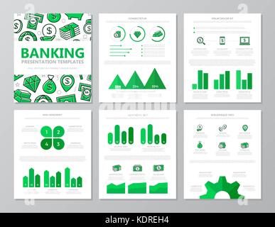 Set di banca colorata ed elementi di denaro per un multiuso4 modello di presentazione diapositive con grafici e tabelle. foglietto, relazione corporate marketing, pubblicità, relazione annuale, per la copertina del libro di design. Illustrazione Vettoriale