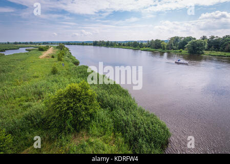 Vista aerea su un fiume Oder Ovest dalla torre di osservazione a Mescherin, comune nel distretto di Uckermark, stato federale di Brandeburgo in Germania Foto Stock