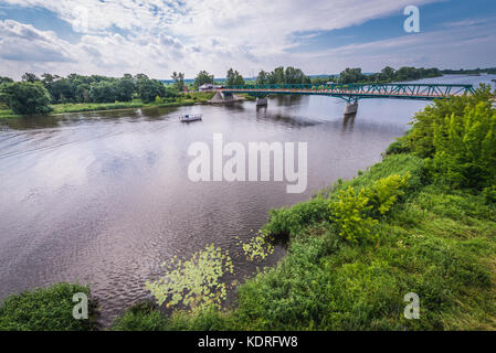 Vista aerea su un fiume Oder Ovest dalla torre di osservazione a Mescherin, comune nel distretto di Uckermark, stato federale di Brandeburgo in Germania Foto Stock