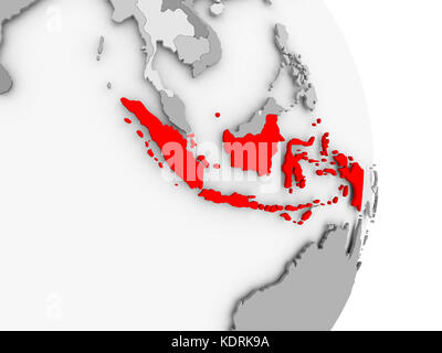 L'Indonesia è evidenziata in rosso su un globo politico grigio. Illustrazione 3D. Foto Stock