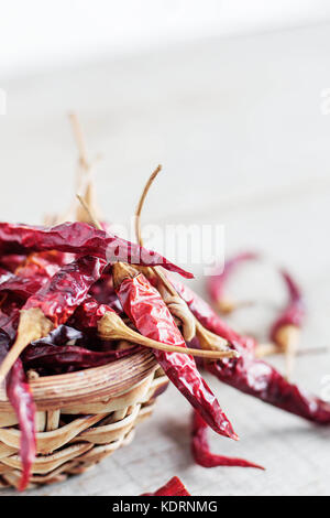 Peperoncino essiccato in ciotola di legno con uno sfondo bianco. Foto Stock