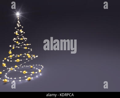 Albero di natale illustrato con le stringhe di luce e oro palle di Natale su uno sfondo nero - 3d illustrazione Foto Stock