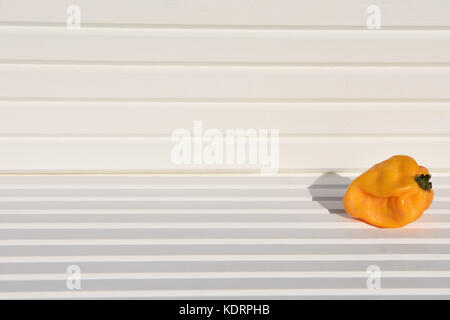 Fotografia di cibo di immagine giallo arancione Scotch Bonnet peperoncini rossi al sole con legno bianco sfondo naturale e prese sulla costa Sud Inghilterra REGNO UNITO Foto Stock