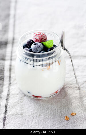 Lo yogurt greco parfait con muesli, mirtilli e lamponi in un vasetto. primo piano. Il mangiare sano, dieta e dieta povera di carboidrati concept Foto Stock